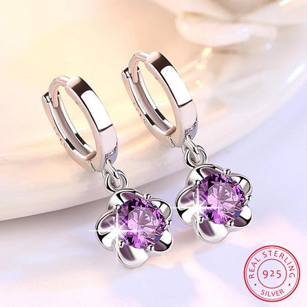 100% 925 sterling silver shiny crystal plum flower Drop earrings female jewelry women gift wholesale drop shipping