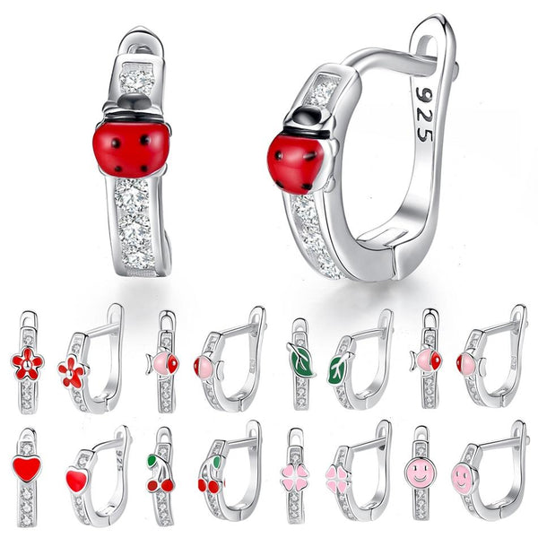 100% 925 Sterling Silver Jewelry Kids Earrings Exquisite Enamel Cute Animal Ladybug Flower Cherry Stud Earrings Gift for Girl