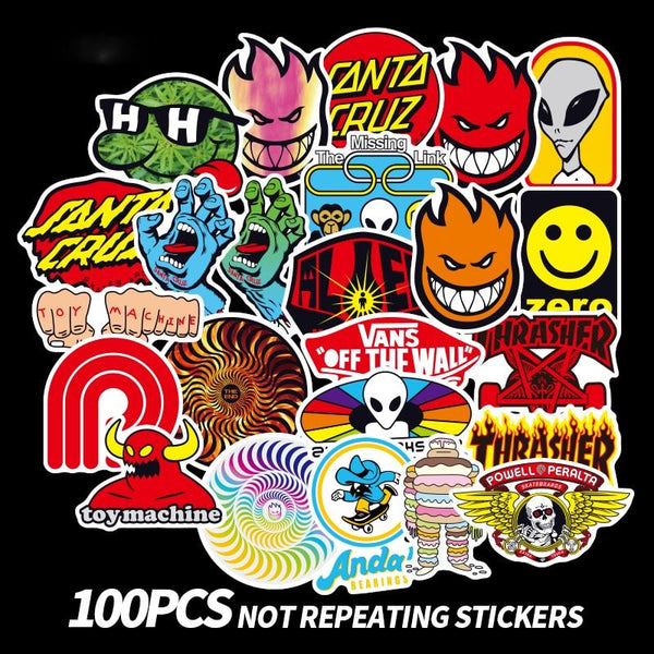 100 PCS Skateboard Fashion brand Logo Waterproof Sticker For Luggage Car Guaitar Skateboard Phone Laptop Bicycle Stickers
