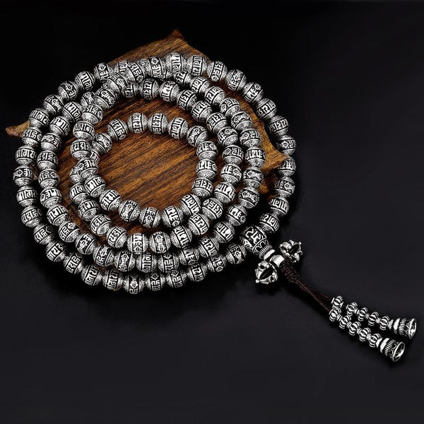 100% 925 Silver Tibetan Mala Sterling OM Mantra Beads Mala Bracelet Buddhist OM Words 108 Prayer Beads Tibetan  Rosary Beads