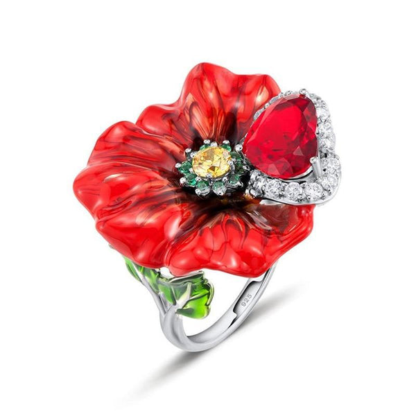 100% 925 Sterling Silver Flower Ring Women Customized Enamel Flower and Big Red Stone Party Ring for Women Enamel Flower Jewelry