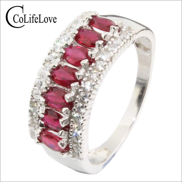 100% real blood red ruby wedding ring 7pcs 2.5 mm * 5mm natural ruby silver ring classic 925 sterling silver ruby ring for party